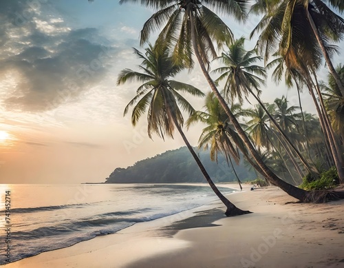 A serene tropical beach scene with palm trees reaching for the sky  summer getaway tranquil beauty coastal bliss vacation vibes  palm trees on the beach