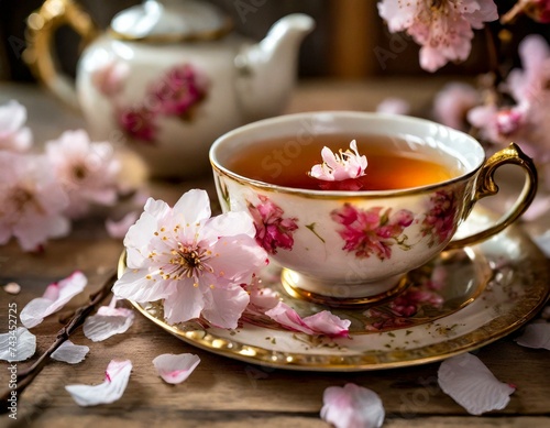 春の季節の桜の花びらと紅茶
