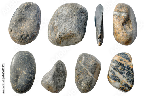 Collection of water river stone or spa stone with various types and shapes isolated on background, rock round shape. photo