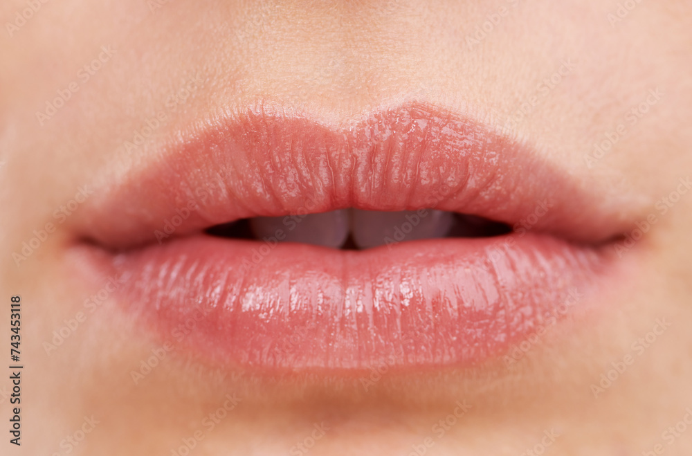 Beauty, macro and lips of woman, cosmetic and lipstick for face or makeup. Skincare, natural or close up of female person, open mouth and aesthetic with lip gloss for cosmetology or facial treatment Beauty, macro and lips of woman, cosmetic and lipstick for face or makeup. Skincare, natural or close up of female person, open mouth and aesthetic with lip gloss for cosmetology or facial treatment