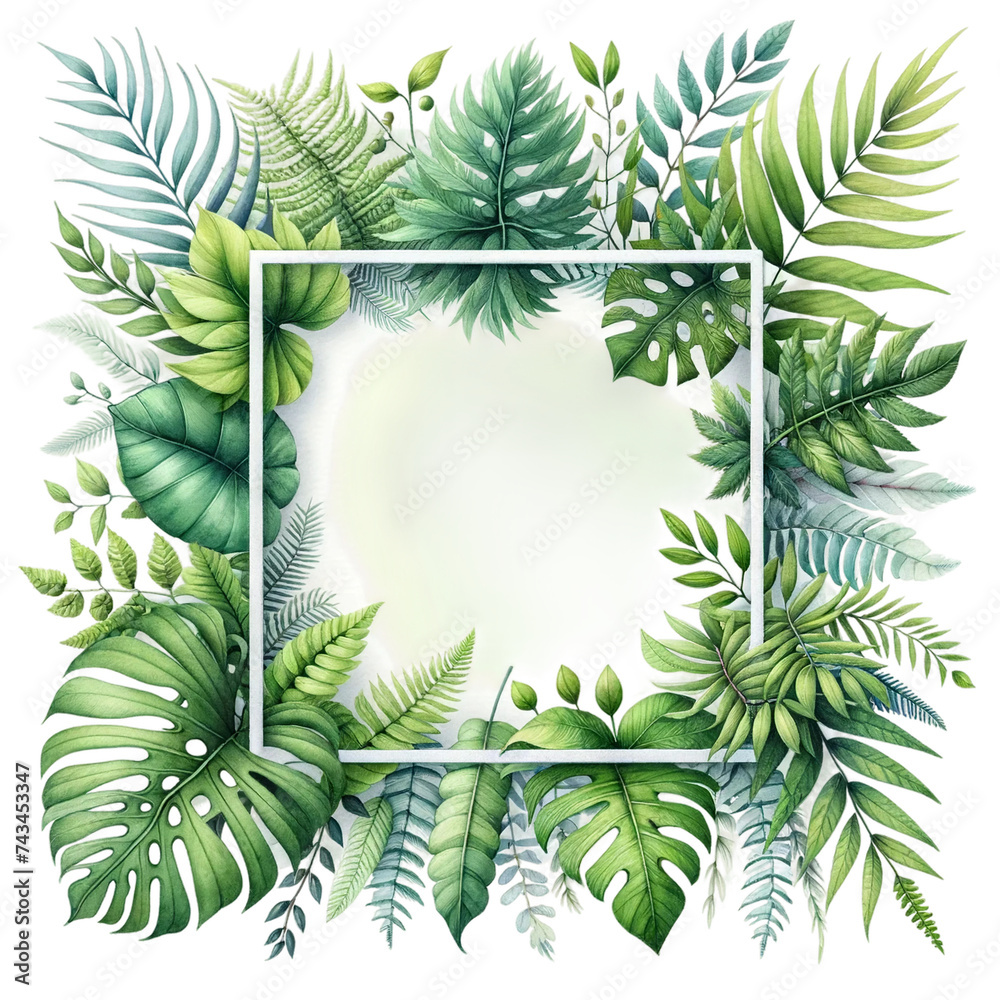 frame of green leaves : Tropical Leaves Frame isolated on solid white background. overlay texture with copy space