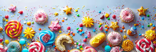  colorful celebrations with sweet cookies and candies, banner, empty space for text