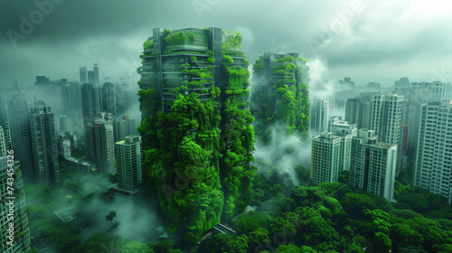 Fototapeta Naklejka Na Ścianę i Meble -  In the heart of the metropolis the greenery of the skyscraper's garden It brings life to the concrete jungle below. It's a testament to the power of sustainable architecture and urban regeneration.