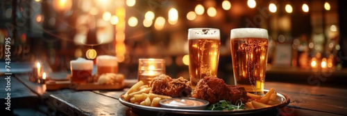  a tray with beer and chicken food, 