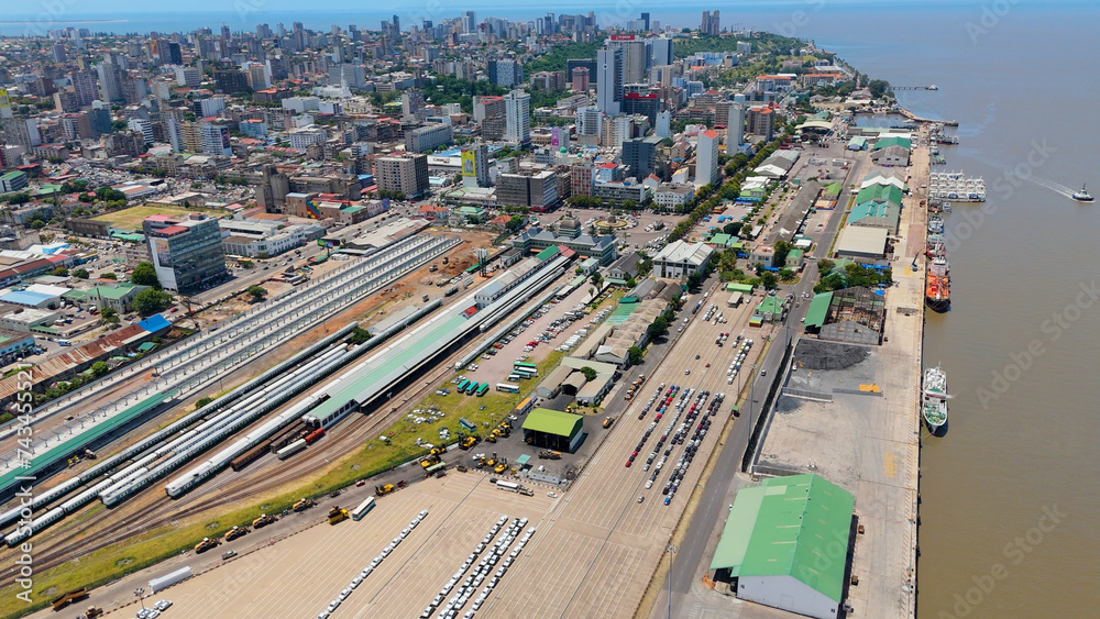 Fototapeta premium Aerial view of train station and shipping port in Maputo, mozambique