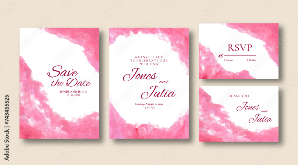 Pink pastel watercolor, wedding card invitation template, save the date, rsvp, set collection