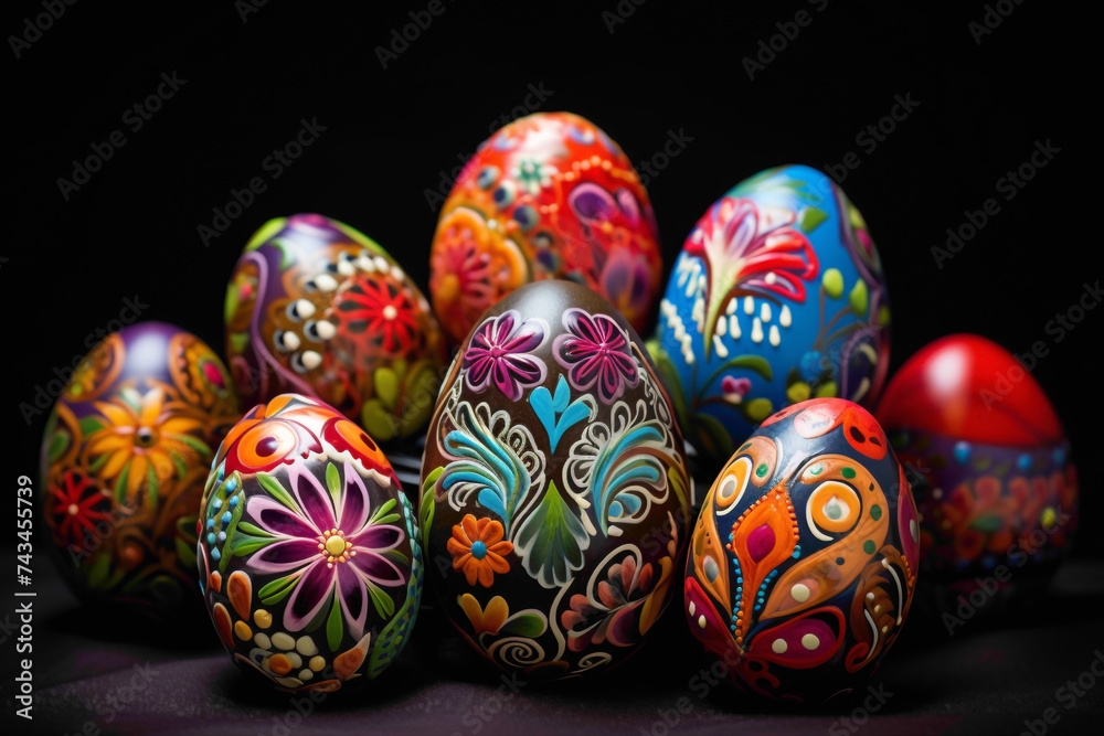 Whimsical Easter eggs painted in bright, cheerful colors, adorned with intricate patterns and whimsical designs, filling the air with laughter and delight as the holiday approaches.
