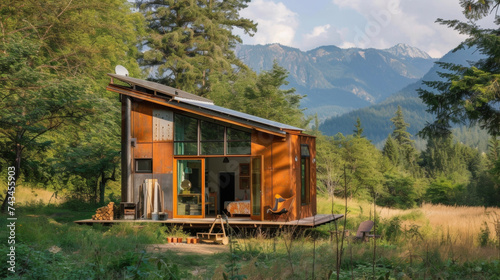 Surrounded by mountains and forests this tiny house embraces offgrid living with a rainwater harvesting system and solar energy offering a tranquil and independent retreat. photo