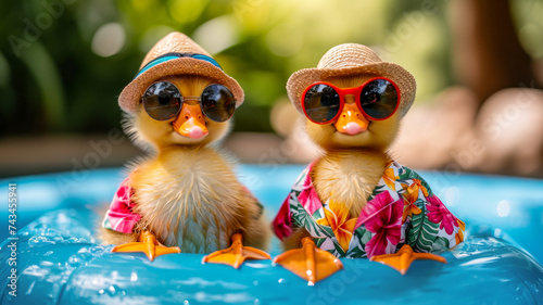 Ducks dressed in a Hawaiian shirt, beach shorts, hat, sunglasses Paddling in inflatable kiddie pool, smiles, summer tones, bright rich colors, cinematic photo