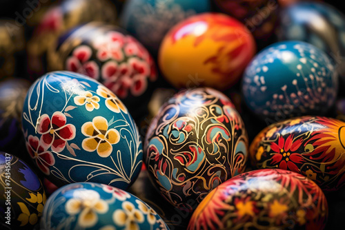 A close-up view of intricately painted Easter eggs, each one a unique expression of artistry and imagination, capturing the essence of the holiday. photo