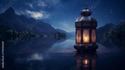 An ethereal Islamic Ramadan celebration lantern floating above a tranquil lake, reflecting the moonlight