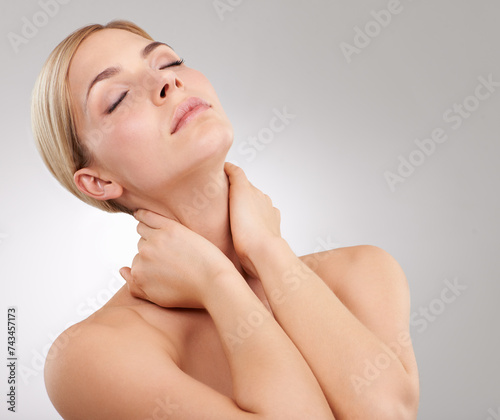 Beauty  relax and face of woman with skincare  natural glow and anti aging facial in studio mockup. Dermatology  healthy skin and girl on grey background space for luxury care  cosmetics and wellness