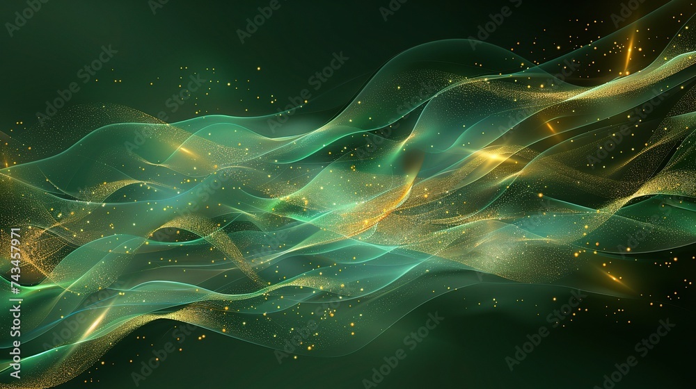 Abstract elegant green background with golden line and lighting effect. Luxury template celebration award design