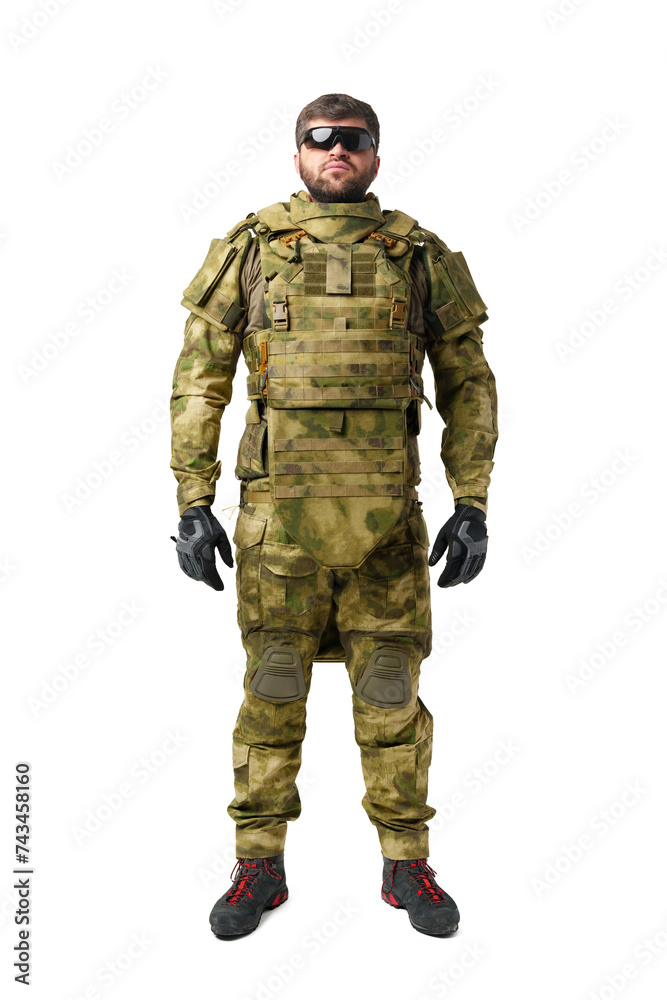 Male soldier in military ammunition isolated on white background Male soldier in military ammunition isolated on white background