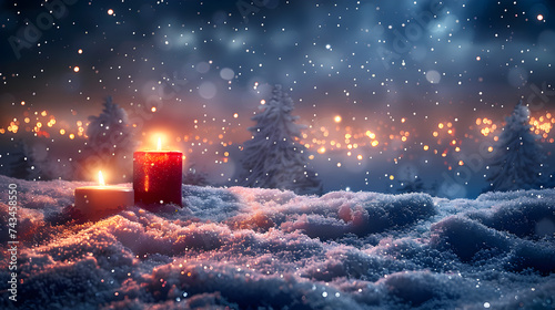 Christmas background Cozy atmosphere with Christmas trees, burning candle in the snow