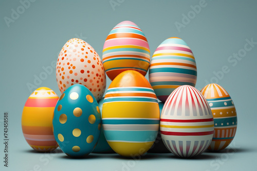 Adorable Easter eggs decorated with playful stripes, polka dots, and geometric shapes, radiating joy and happiness in anticipation of the holiday festivities.
