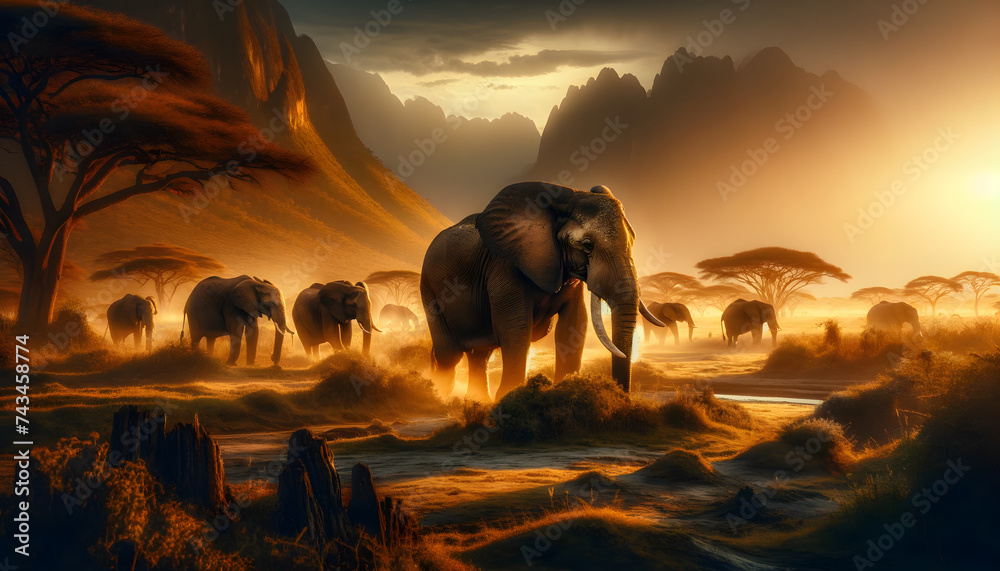 the elephants in their natural habitat with National Geographic style precision during the golden hour. The composition highlights the majestic presence of the elephants - obrazy, fototapety, plakaty 