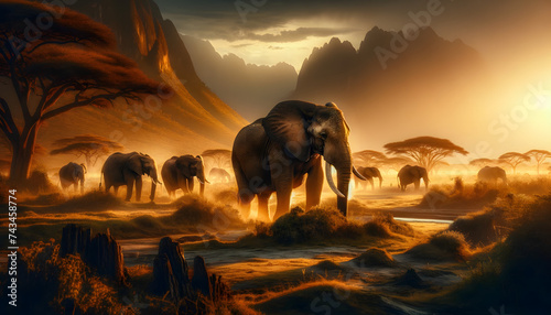 the elephants in their natural habitat with National Geographic style precision during the golden hour. The composition highlights the majestic presence of the elephants