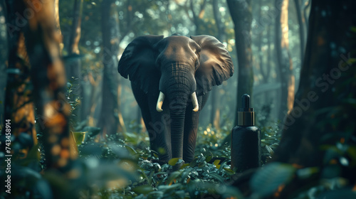 Empty serum or perfume packaging in the dense forest that has A large forest elephant is nearby for a product presentation on a dense forest background.