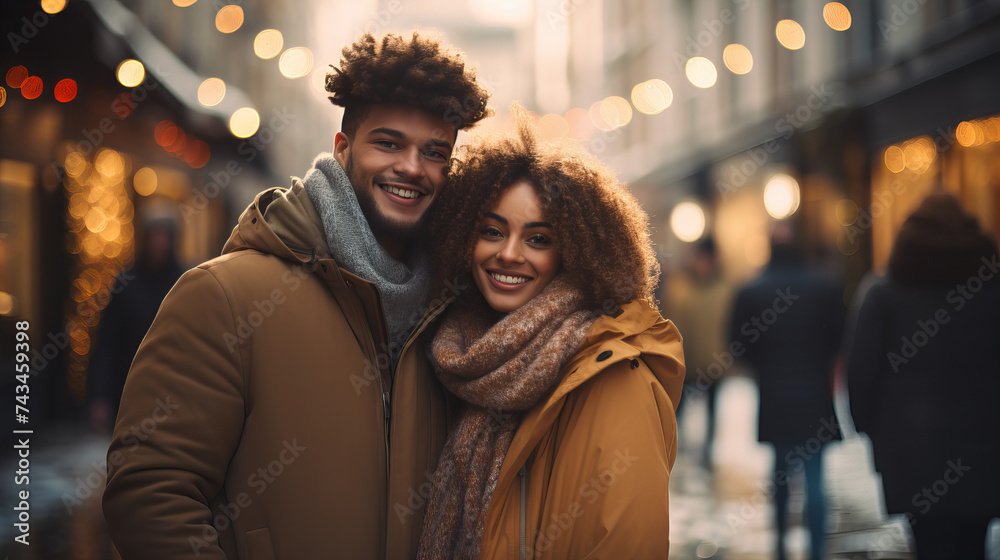 Affectionate Couple Embracing on City Street with Winter Lights