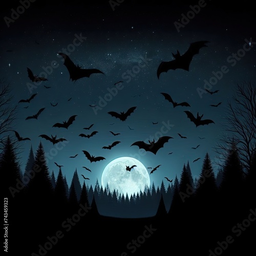 Halloween background with bats flying in the night sky and full moon