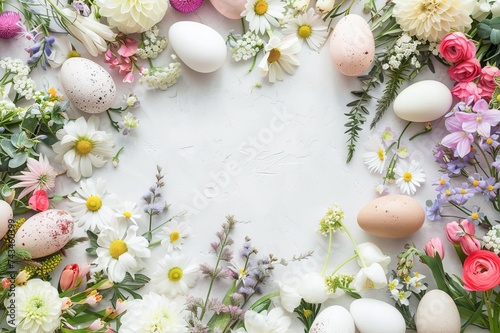 Elegant Easter Celebration With Decorated Eggs and Spring Flowers on a Pastel Background