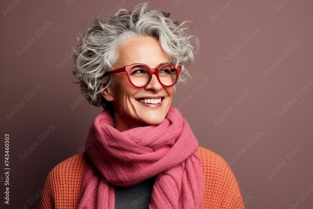 Portrait of a happy senior woman wearing glasses and a pink scarf Portrait of a happy senior woman wearing glasses and a pink scarf