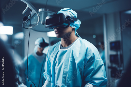 A medical professional surgeon wearing virtual reality headset in an operating theatre photo