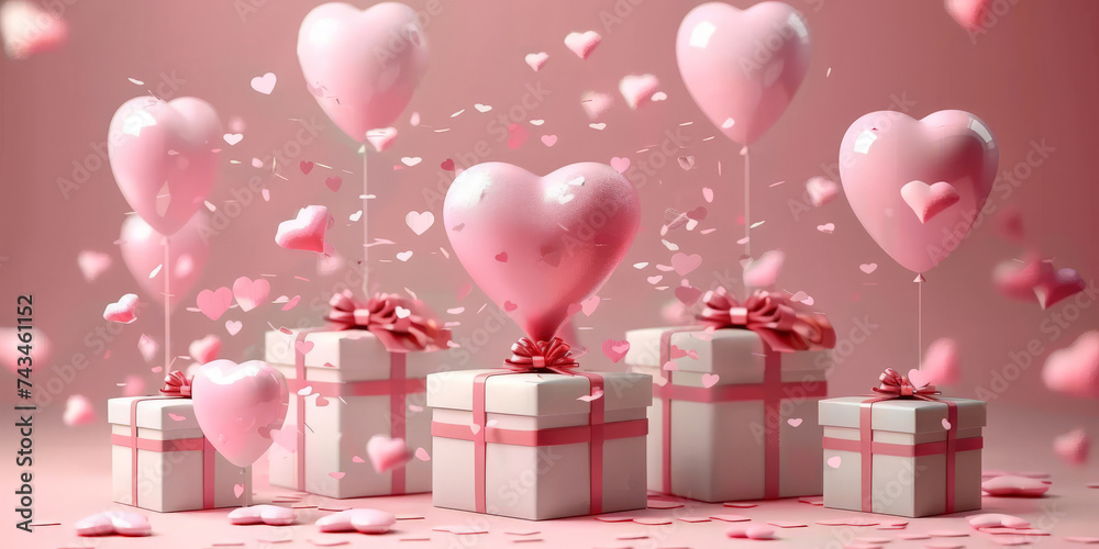 pink heart  balloons and gift boxes on pink background , valentines day, women day