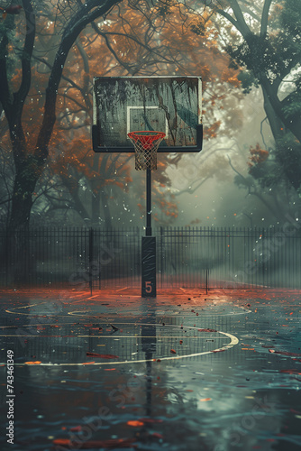 A lone basketball hoop stands shrouded in morning mist, surrounded by silent trees in a peaceful park