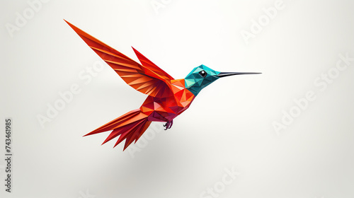 Origami hummingbird, bright little colibri bird in flight made of paper light background photo