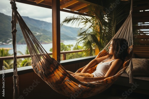 Happy traveler woman relax in hammock on beach, Summer travel vacation