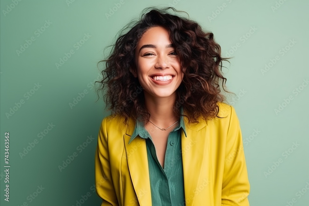 Portrait of a smiling young woman in yellow jacket over green background Portrait of a smiling young woman in yellow jacket over green background
