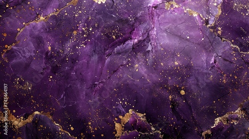 Abstract purple marble texture with gold splashes, purple luxury background