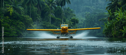 The seaplane landed in the river
