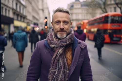 Portrait of a middle-aged man with gray hair and beard wearing a purple coat and scarf on a city street © Inigo