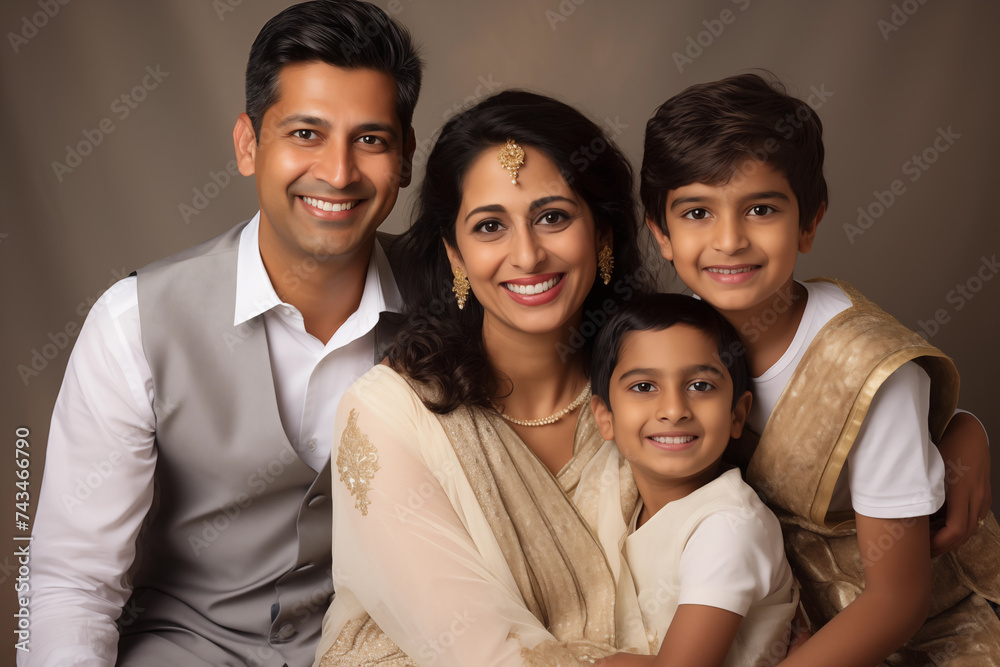 custom made wallpaper toronto digitalIllustration photo portrait of beautiful indian family. Parents with kids on studio background