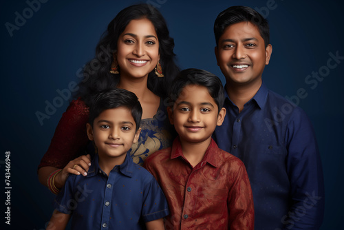 Illustration photo portrait of beautiful indian family. Parents with kids on studio background
