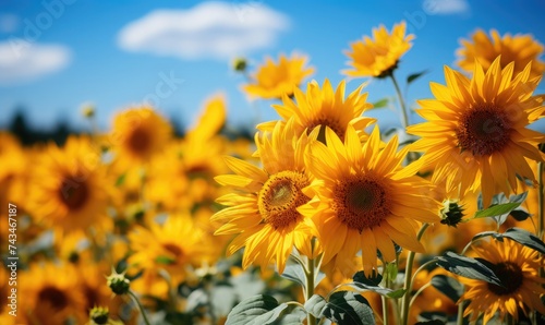 closeup of sunflower field and clear sky 