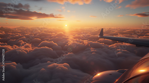 evening sky above the clouds seen from inside the plane