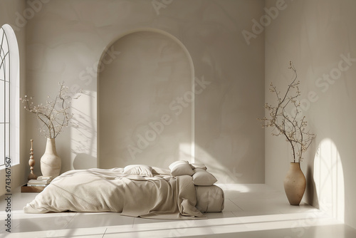décoration intérieure minimaliste, d'une chambre brute avec les murs en béton ciré, le lit au centre de la pièce face à la fenêtre et des céramiques non émaillées.  photo
