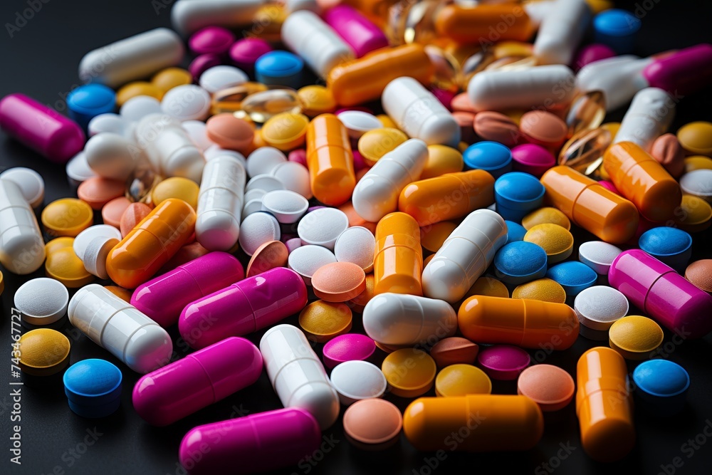 An array of multicolored pharmaceutical pills and capsules, including opioids, vitamins, and a variety of medicines, scattered across a surface An array of multicolored pharmaceutical pills and capsules, including opioids, vitamins, and a variety of medicines, scattered across a surface