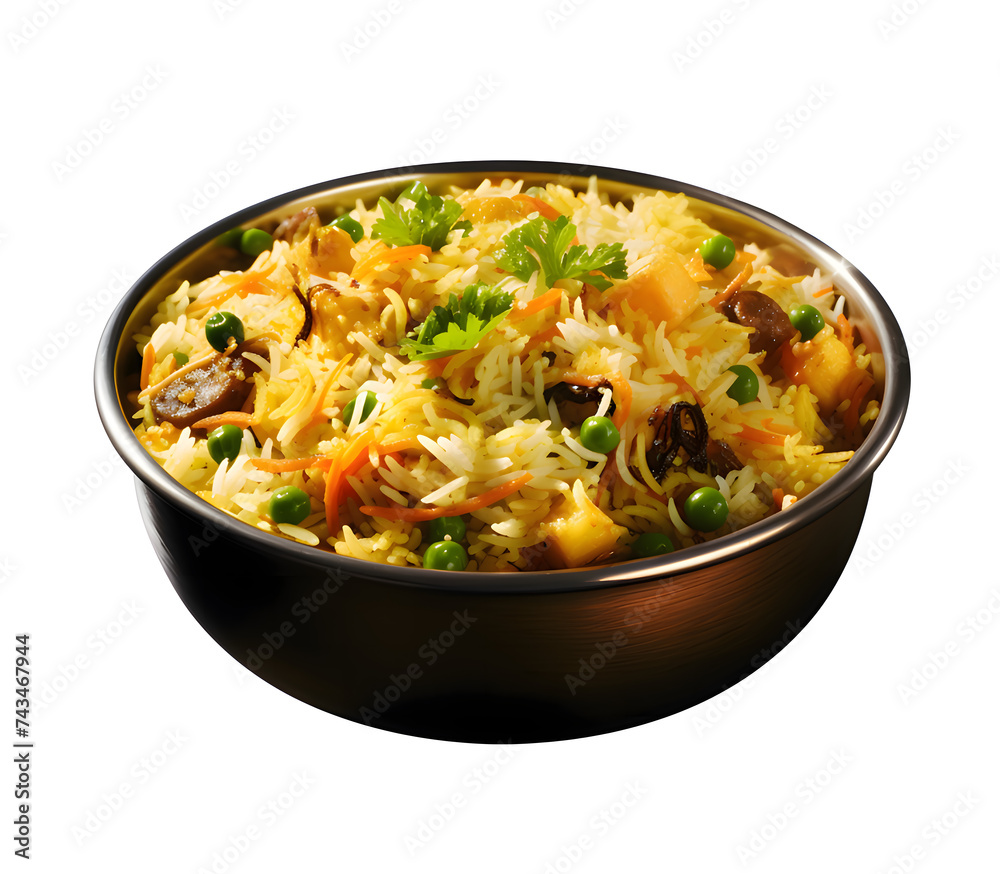 Vegetable Biryani and Indian Cuisine Basmati Rice Pilaf, Pulao With Peas or Matar Rice and Vegetables on white and transparent background