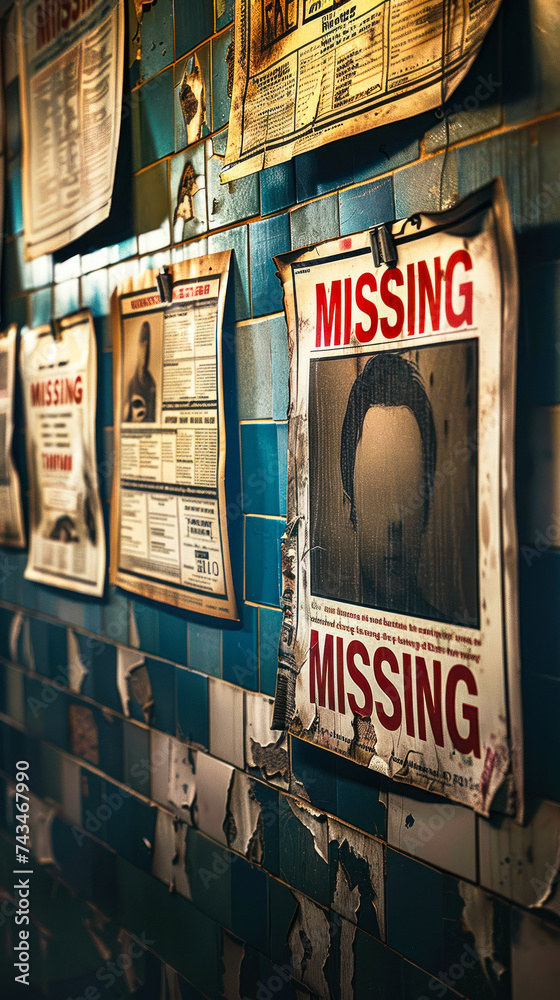 Rows of aged missing person posters on a wall with a prominent MISSING Rows of aged missing person posters on a wall with a prominent MISSING