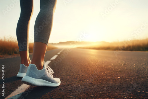 Women's feet in sneakers running on road web banner copy space. Young lady running on rural road during sunset in sneakers .