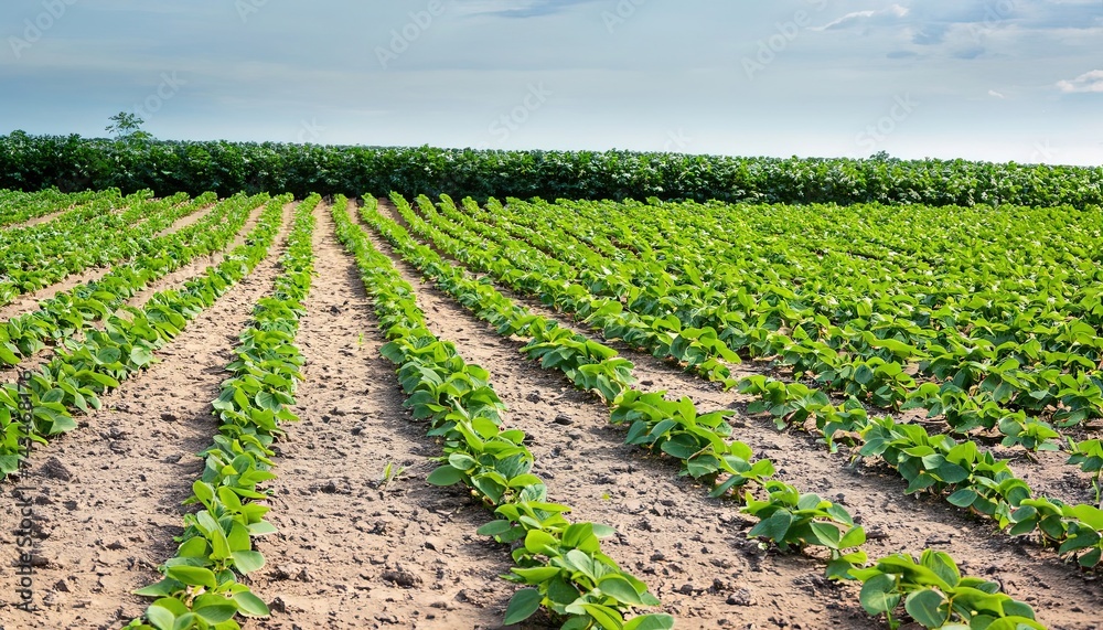 Fresh green soy plants on the field in spring. Rows of young soybean plants, Soybean field with rows of soya bean plants, Rows of young soybean plants Fresh green soy plants on the field in spring. Rows of young soybean plants, Soybean field with rows of soya bean plants, Rows of young soybean plants