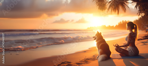 banner Healthy woman doing yoga exercise with dog pet on beach  Female relaxation healthy lifestyle on weekend concept  Enjoy life balance and freedom