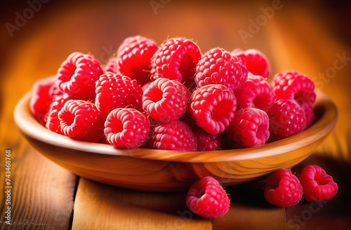 raspberry berry close-up, laid out on a wooden table in a plate
