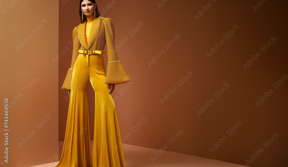 mannequin féminin habillée tout en jaune, avec un pantalon plissé, veste de tailleur, avec une ceinture dorée sur fond marron avec espace négatif pour texte copyspace - obrazy, fototapety, plakaty 