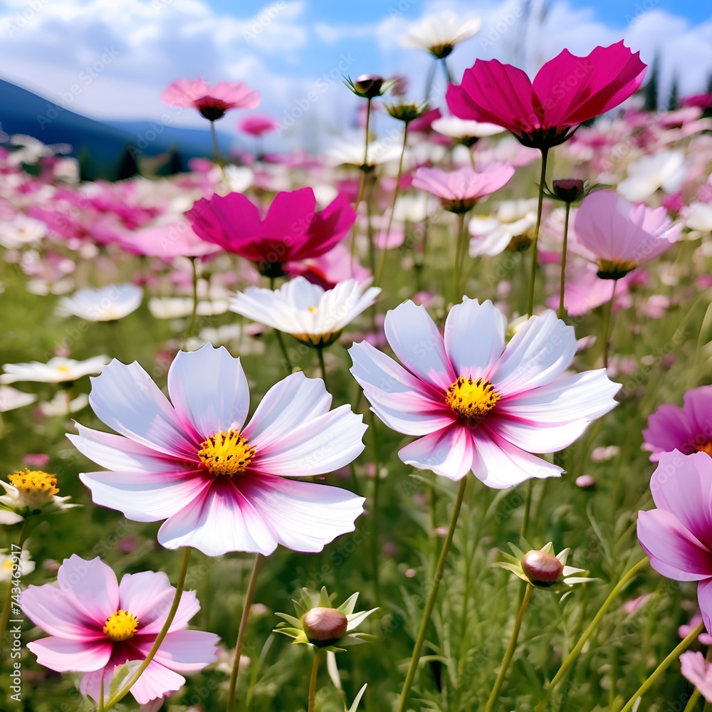 Fototapeta premium In a blooming field of wildflowers, colors explode like fireworks against the canvas of green. Every step unleashes a fragrant symphony as petals sway in the gentle breeze